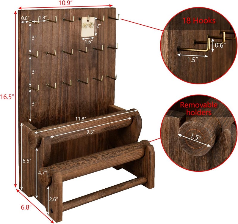Ikee Design 18 Hooks and 2 Removable Bars Wood Jewelry Holder Organizer Stand, Earring Bracelet Jewelry Display Stand Organizer, Necklace Bracelet Holder, Brown Color - Image 3